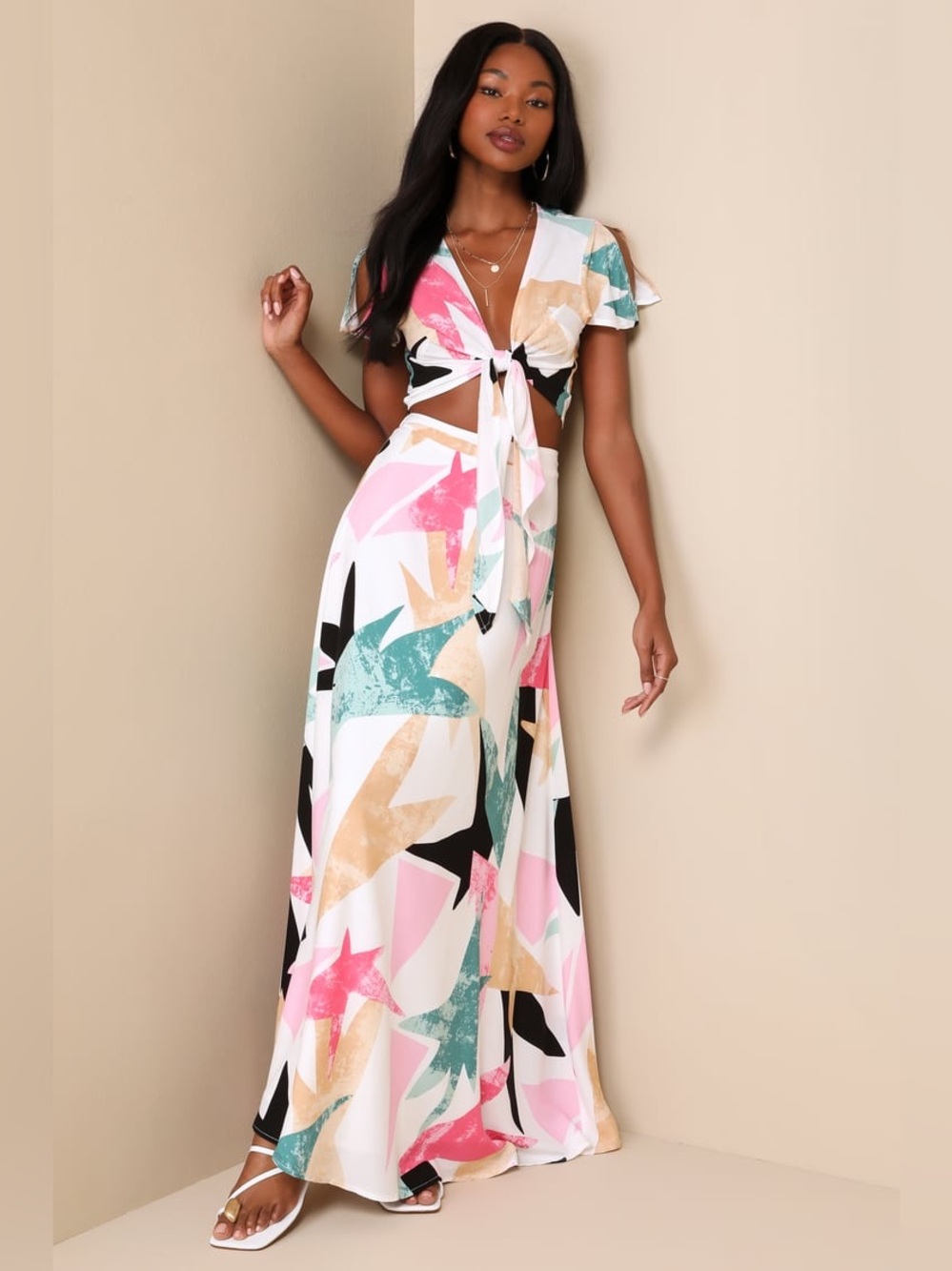 Lulu's Daydreaming White Print Two-Piece Skirt Set Small